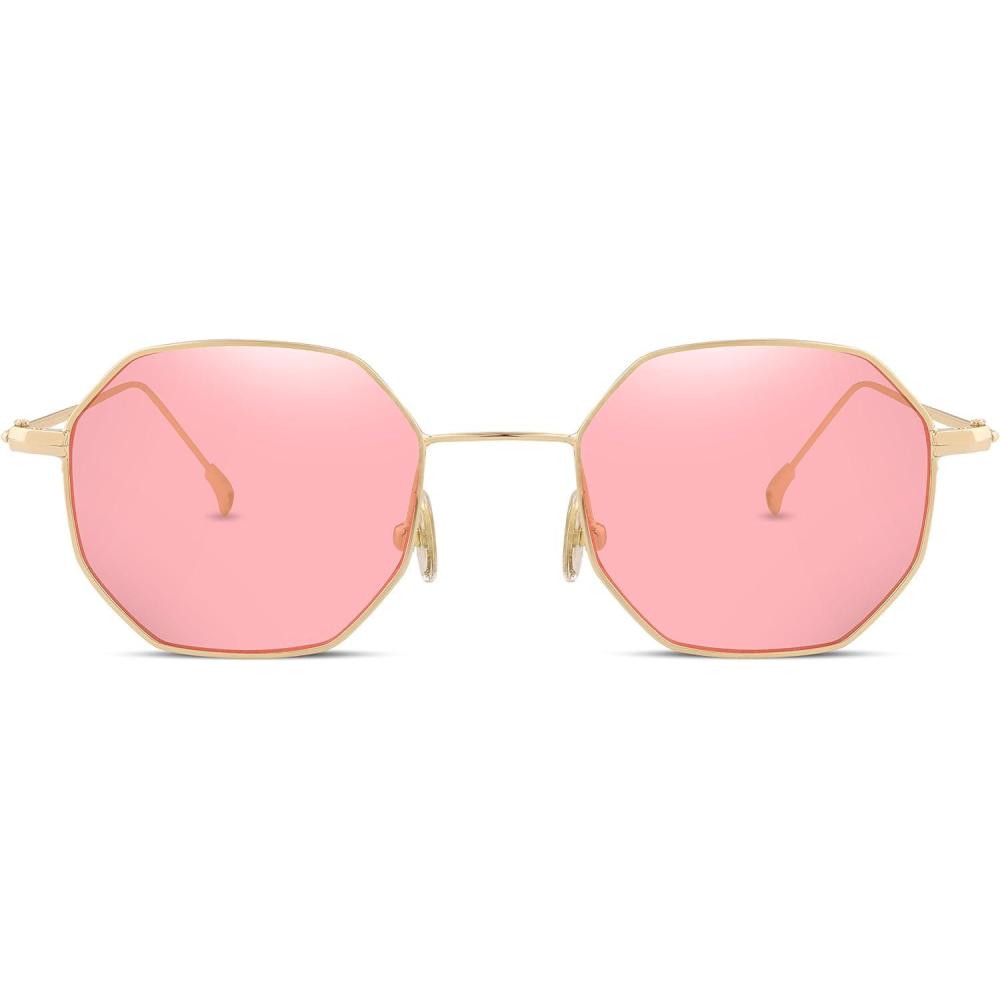 imageFEISEDY Hipster Small Polygon Women Men Sunglasses Delicate Metal Frame B2254Golden Frame Pink Lens