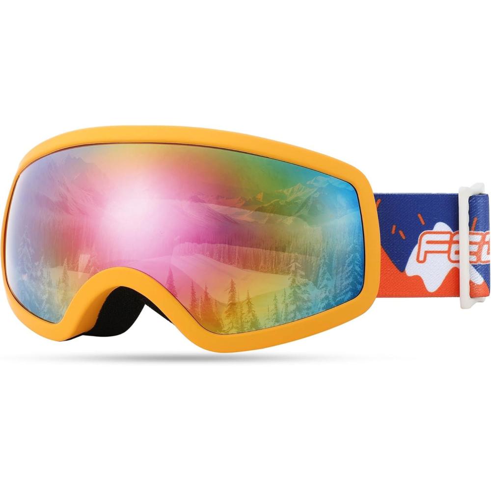 imageFEISEDY Kids Ski GogglesSnowboard Goggles for Boys Girl YouthOTG Anti Fog UV Protection Snow Goggles B0019Orange Frame Red Mirrored Lens Vlt 11