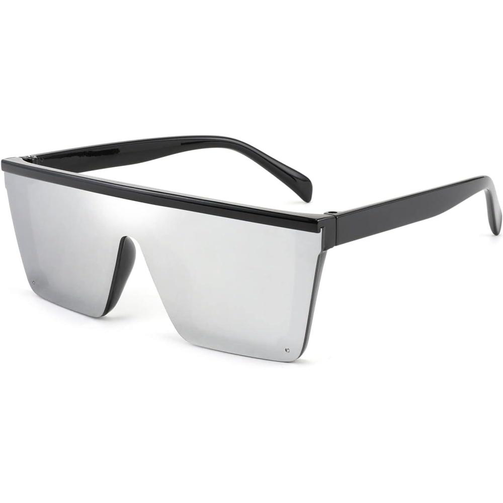 imageFEISEDY Kids Sunglasses Flat Top Shield Square Sunglasses with Rimless Fashion Shades for Age 17 B4061Black FrameSilver Mirrored Lens