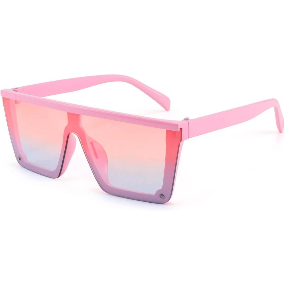 imageFEISEDY Kids Sunglasses Flat Top Shield Square Sunglasses with Rimless Fashion Shades for Age 17 B4061Pink FramePink Blue Lens