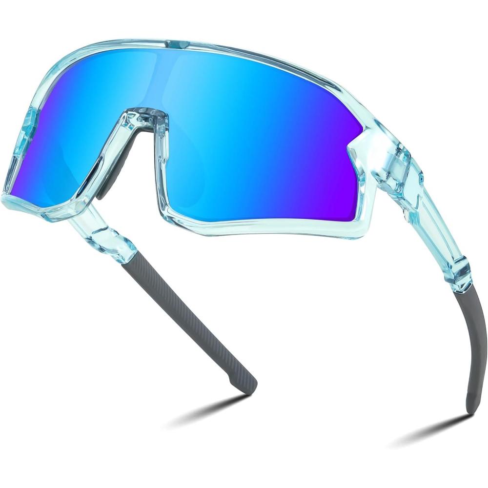 imageFEISEDY Kids Sunglasses Polarized Youth Baseball Sunglasses Sports Cycling Glasses for Boys Girls Age 48 B0183Transparent Blue Frame Blue Mirrored Lens