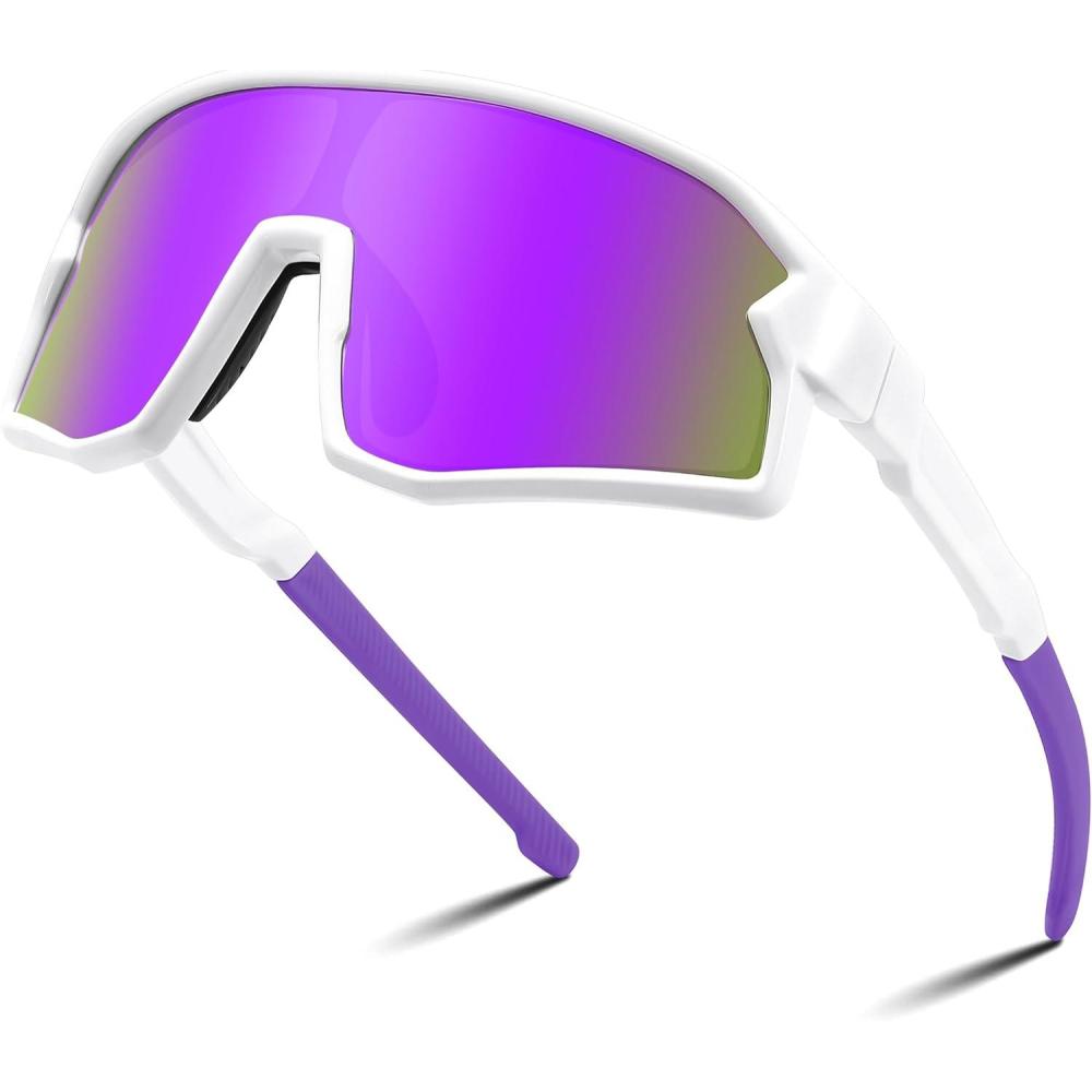 imageFEISEDY Kids Sunglasses Polarized Youth Baseball Sunglasses Sports Cycling Glasses for Boys Girls Age 48 B0183White Frame Purple Mirrored Lens