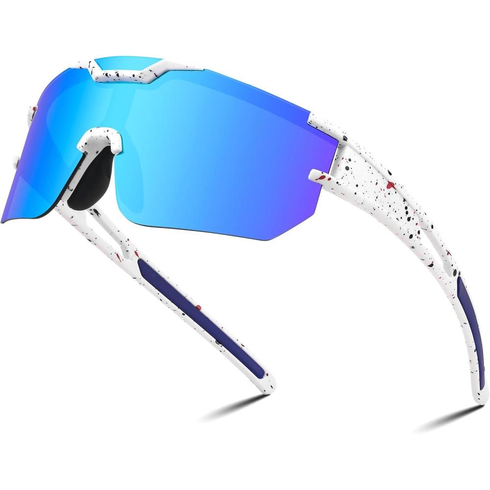imageFEISEDY Kids Sunglasses Youth Baseball Sun Glasses UV400 Sports Cycling Softball Sunglasses for Adult Boys Girls B0227White Frame Blue Mirrored Lens