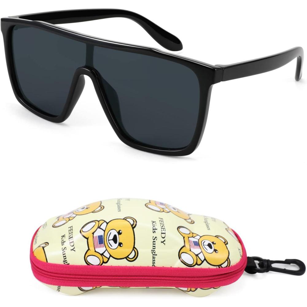 imageFEISEDY Kids Sunglasses for Girls Fashion Cute Boys Teenagers Glasses One Piece UV400 B2812Black Frame Grey Lens