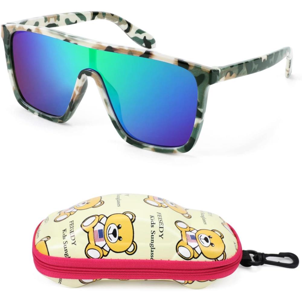 imageFEISEDY Kids Sunglasses for Girls Fashion Cute Boys Teenagers Glasses One Piece UV400 B2812Camouflage Frame Green Mirror Lens