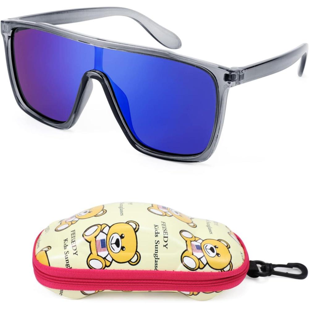 imageFEISEDY Kids Sunglasses for Girls Fashion Cute Boys Teenagers Glasses One Piece UV400 B2812Transparent Grey Frame Blue Mirror Lens