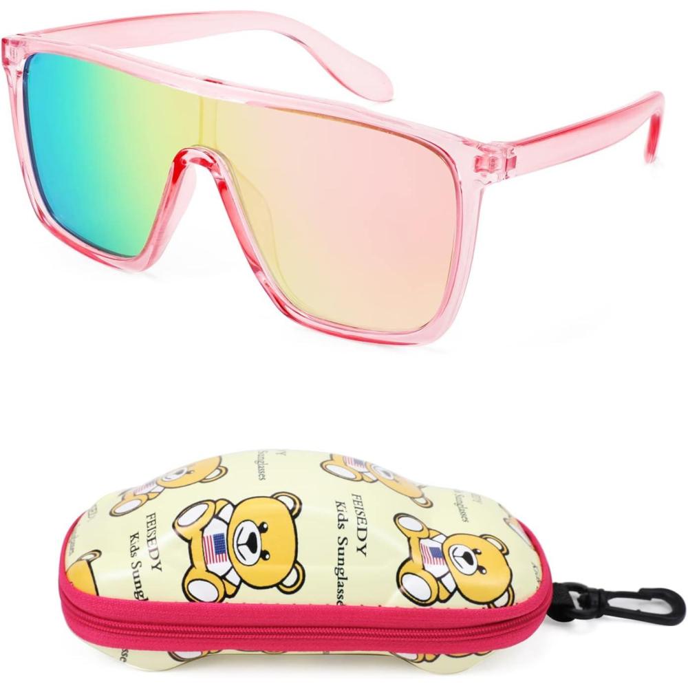 imageFEISEDY Kids Sunglasses for Girls Fashion Cute Boys Teenagers Glasses One Piece UV400 B2812Transparent Pink Frame Pink Mirror Lens
