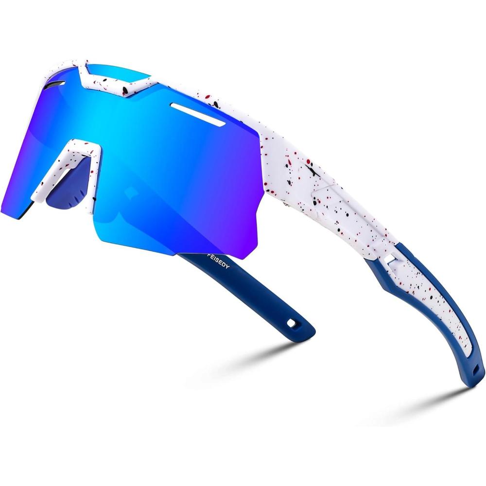 imageFEISEDY Kids Teens Baseball Polarized Sunglasses Sports Cycling Glasses for Youth Boys Girls Age 816 B0157007 White Frame Blue Mirrored Lens Blue Temples