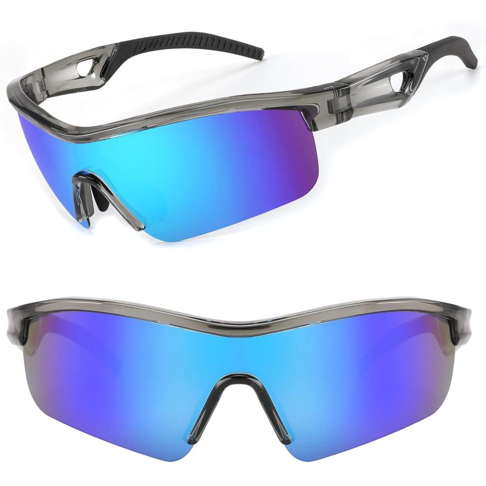 imageFEISEDY Men Sunglasses Polarized Cycling Sunglasses UV400 Sports Baseball Running Fishing Hiking Shades B2372004 Transparent Grey Frame Blue Mirror