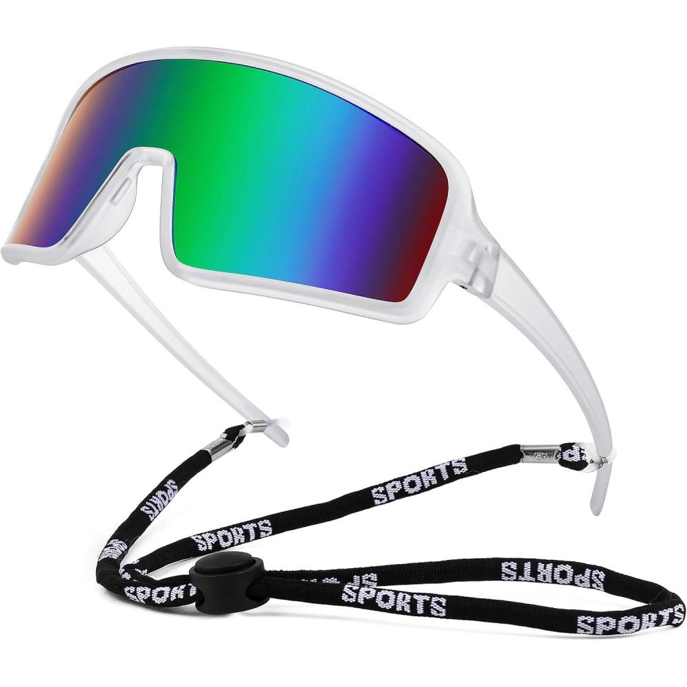 imageFEISEDY Men Women Sports Sunglasses Baseball Sun Glasses Cycling Fishing Running Trekking 80s 90s Youth Visor UV400 B296204 Clear Frame Blue Mirror Lenses