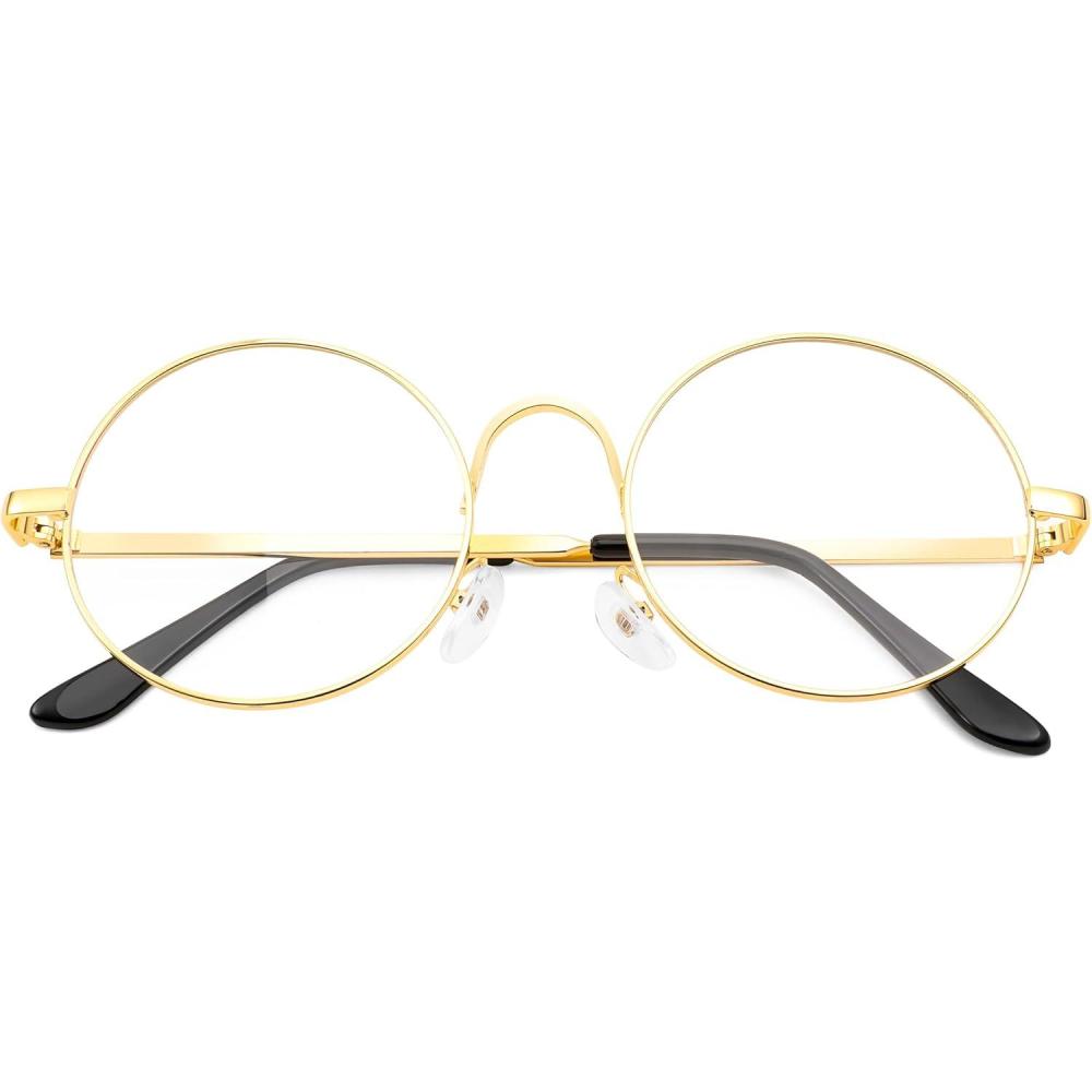 imageFEISEDY Metal Round Glasses for Men Women Retro Nerd Eyeglasses Classic Clear Lens Frame Costume Accessories B0275Gold