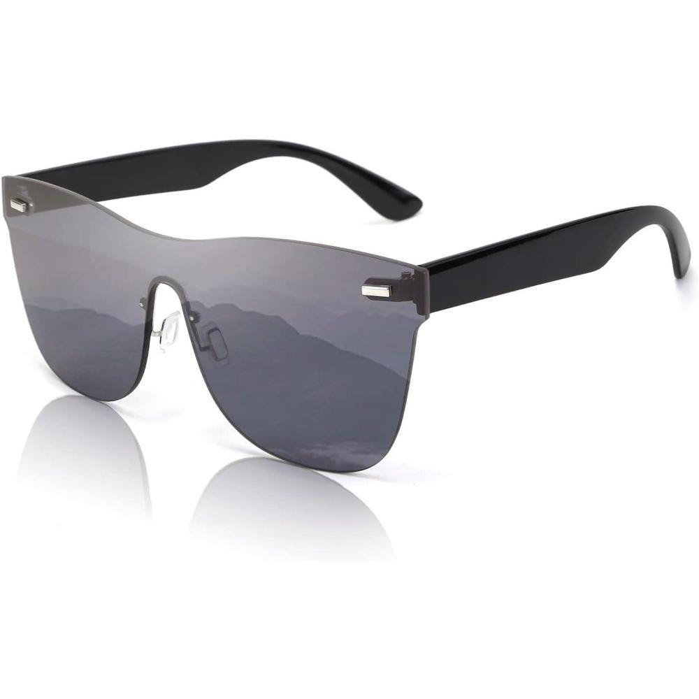 imageFEISEDY Mirrored Rimless Sunglasses One Piece Lens Reflective Sunglasses for Women Men B2647Grey