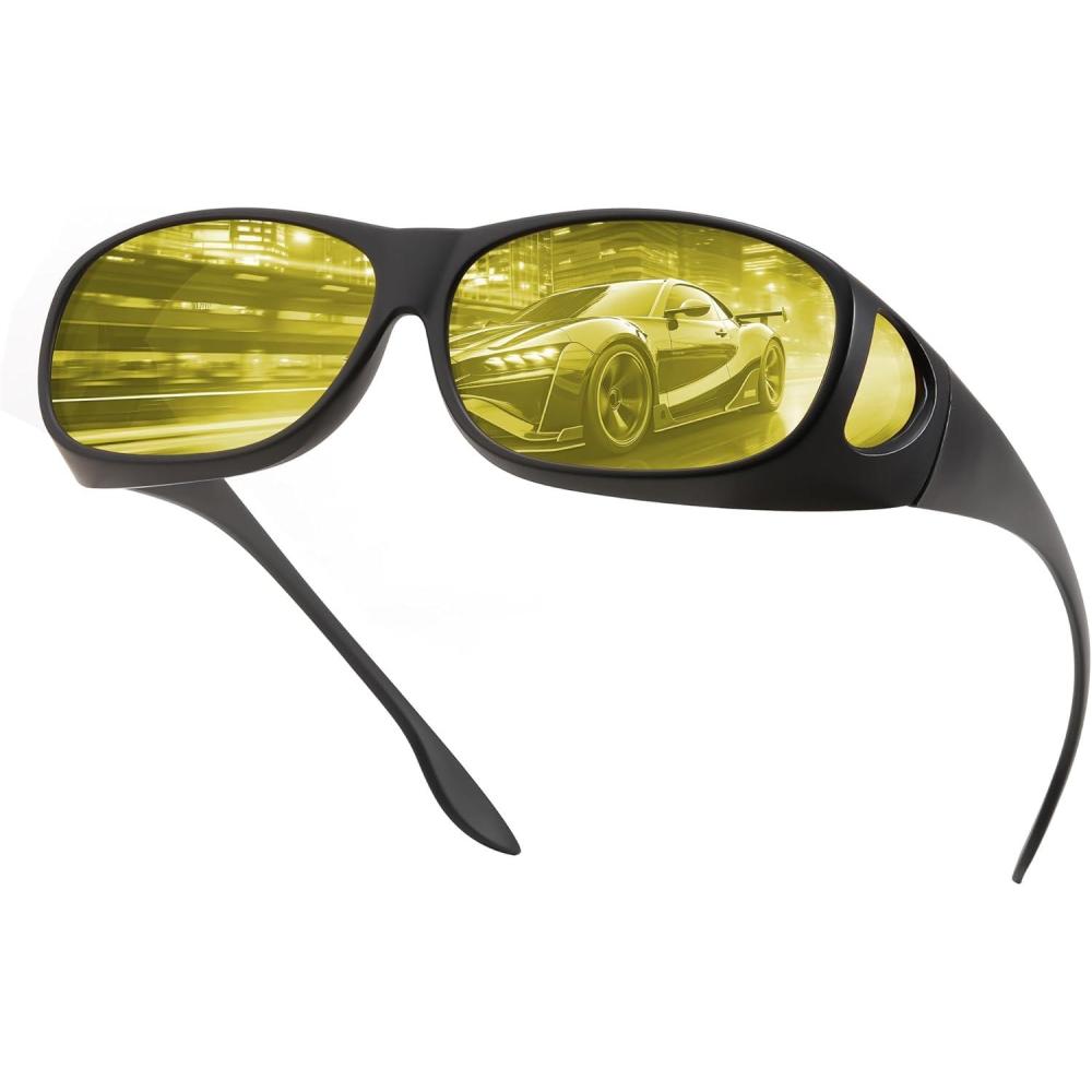 imageFEISEDY Night Driving GlassesMen Women Fit Over Sunglasses Anti Glare Polarized HD Night Vision Glasses Yellow Lens B0221Black Frame Night Vision Yellow Lenses