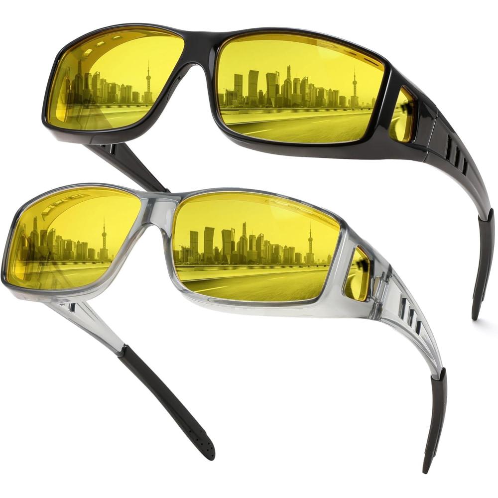 imageFEISEDY Night Driving Sunglasses Polarized Fit Over Sunglasses for Men Yellow Lenses Anti Glare Glasses B0225Blackgrey