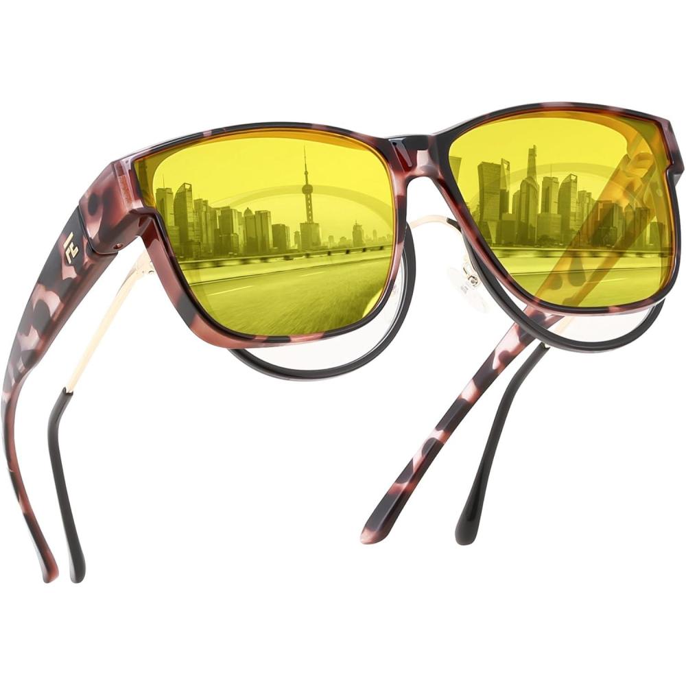 imageFEISEDY Night Vision Driving Glasses Anti Glare Fit Over Glasses for Men Women Polarized Nighttime B0250Khaki Tortoise Frame Yellow Lens