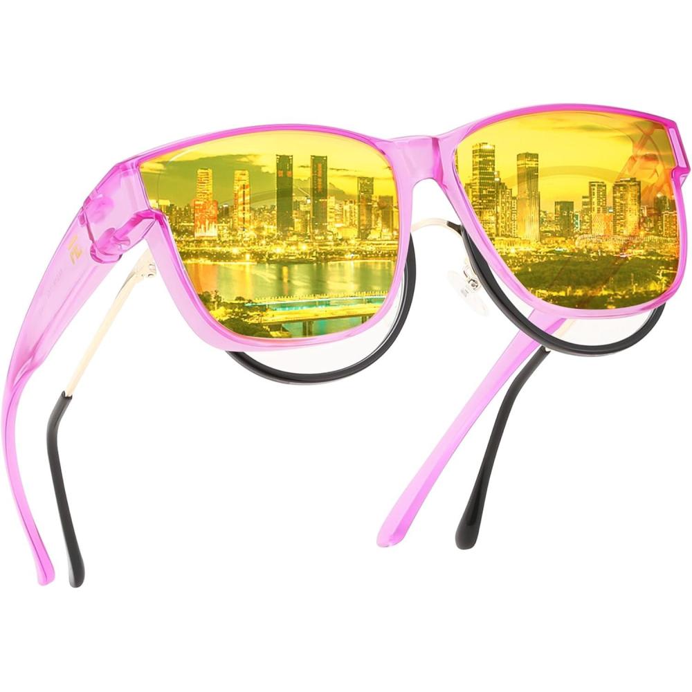 imageFEISEDY Night Vision Driving Glasses Anti Glare Fit Over Glasses for Men Women Polarized Nighttime B0250Transparent Purple Frame Yellow Lens