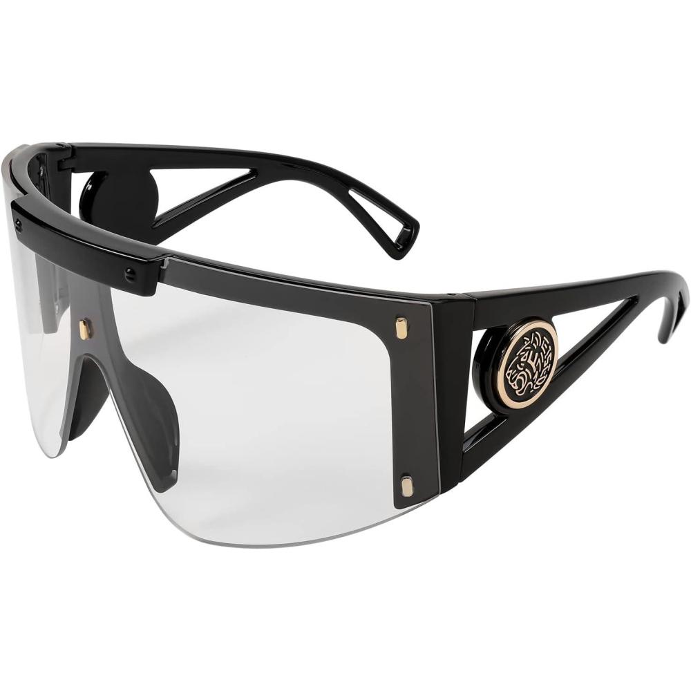 imageFEISEDY One Piece Oversized Sunglasses for Men Women Big Shades Wrap Shield Sunglasses for Cycling Driving Vacation B4027Black Frame Clear Lens