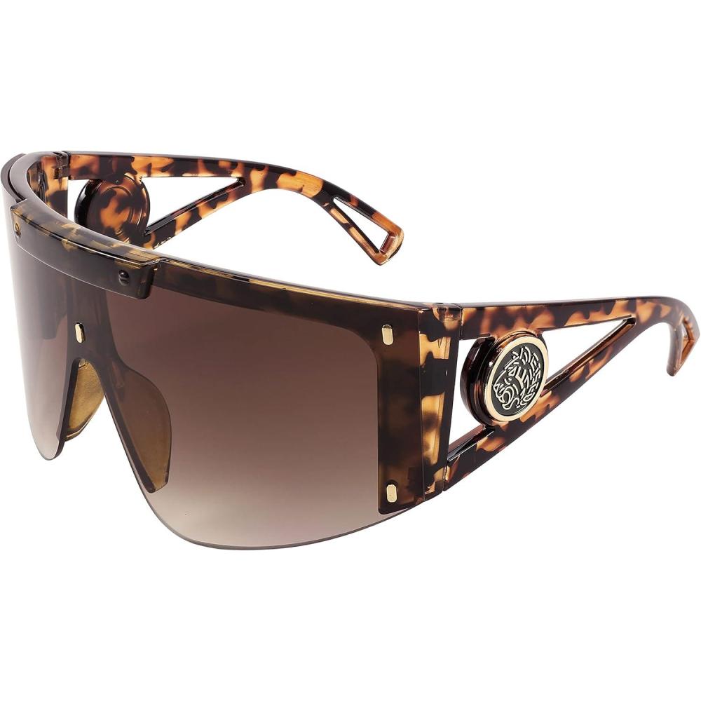 imageFEISEDY One Piece Oversized Sunglasses for Men Women Big Shades Wrap Shield Sunglasses for Cycling Driving Vacation B4027Leopard Frame Gradual Tea Lens