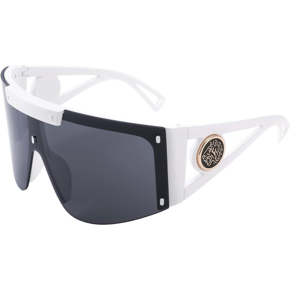 imageFEISEDY One Piece Oversized Sunglasses for Men Women Big Shades Wrap Shield Sunglasses for Cycling Driving Vacation B4027White Frame Grey Lens