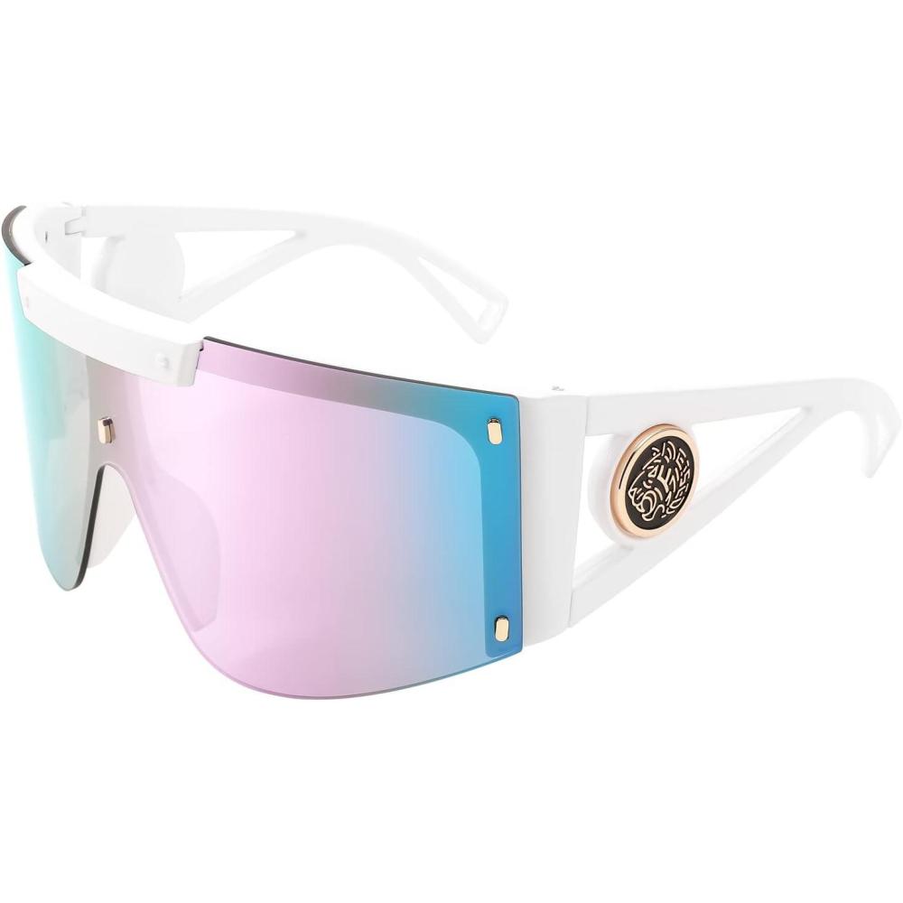 imageFEISEDY One Piece Oversized Sunglasses for Men Women Big Shades Wrap Shield Sunglasses for Cycling Driving Vacation B4027White Frame Purple Mirrored Lens