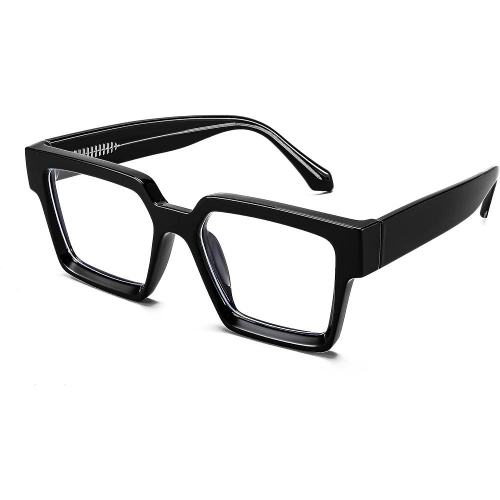 imageFEISEDY Oversized Blue Light Glasses for Women Men TR90 Retro Square Anti Eyestrain Glasses Rectangle Fashion Frame B0037001 Black