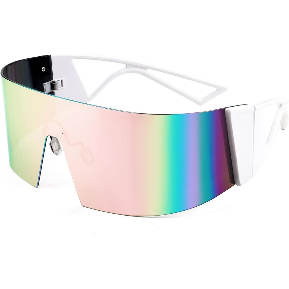 imageFEISEDY Oversized Flat Top Futuristic Wrap Sunglasses One Piece Goggles for Women Men Fashion Shades B4054White FramePink Mirror Lens