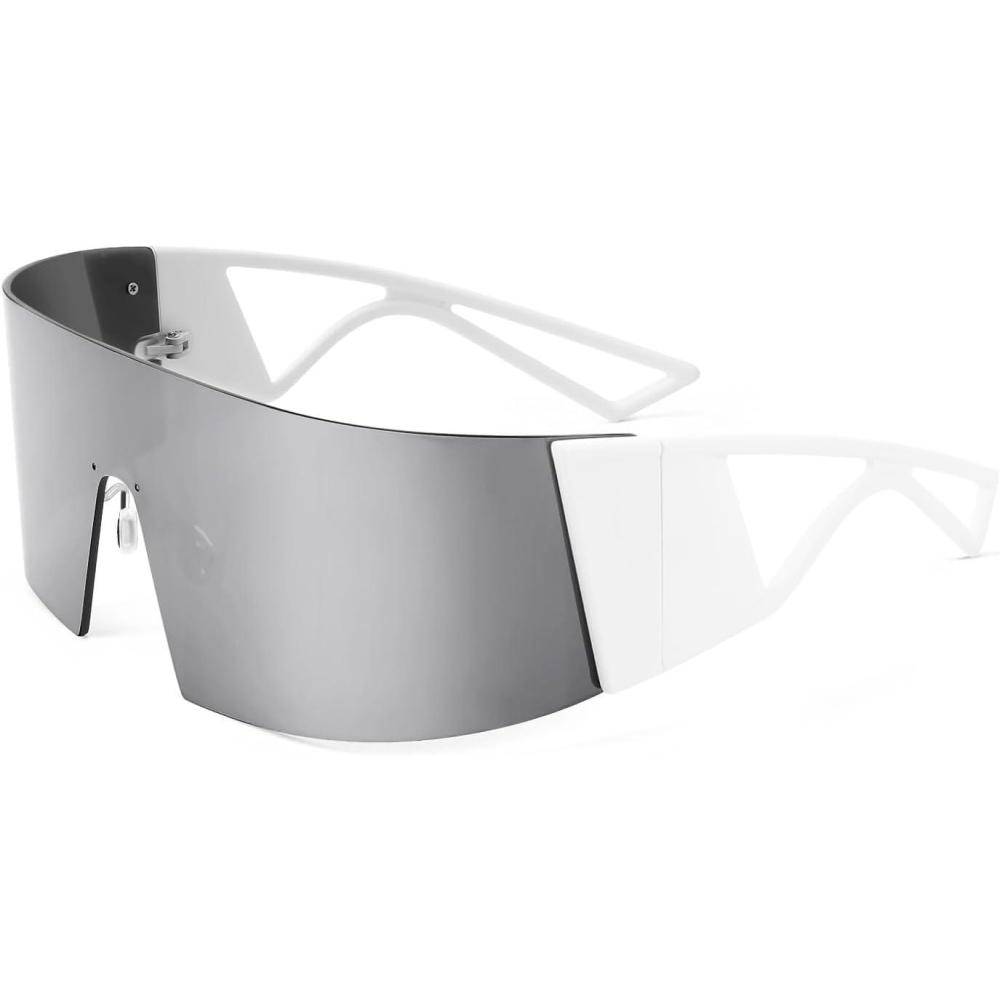 imageFEISEDY Oversized Flat Top Futuristic Wrap Sunglasses One Piece Goggles for Women Men Fashion Shades B4054White FrameSliver Mirror Lens