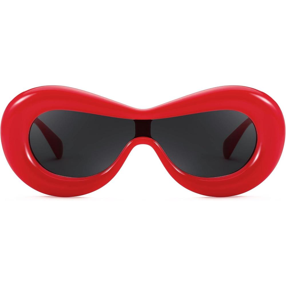 imageFEISEDY Oversized Inflated Oval Sunglasses for Women Men Fashion Thick Frame Y2K Glasses Funny Aesthetic Shades B9088 Red 60MM