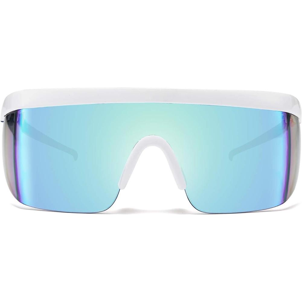 imageFEISEDY Oversized Mirror Shield Sport 80s Sunglasses Ski Goggles Flat Top One Piece Futuristic Visor Women Men B2522001 White Frame Blue Mirrored Lens