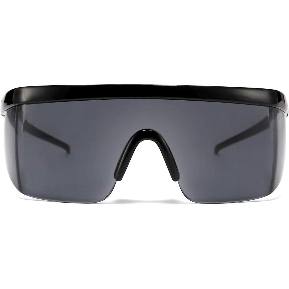 imageFEISEDY Oversized Mirror Shield Sport 80s Sunglasses Ski Goggles Flat Top One Piece Futuristic Visor Women Men B2522004 Bright Black Frame Gray Lens
