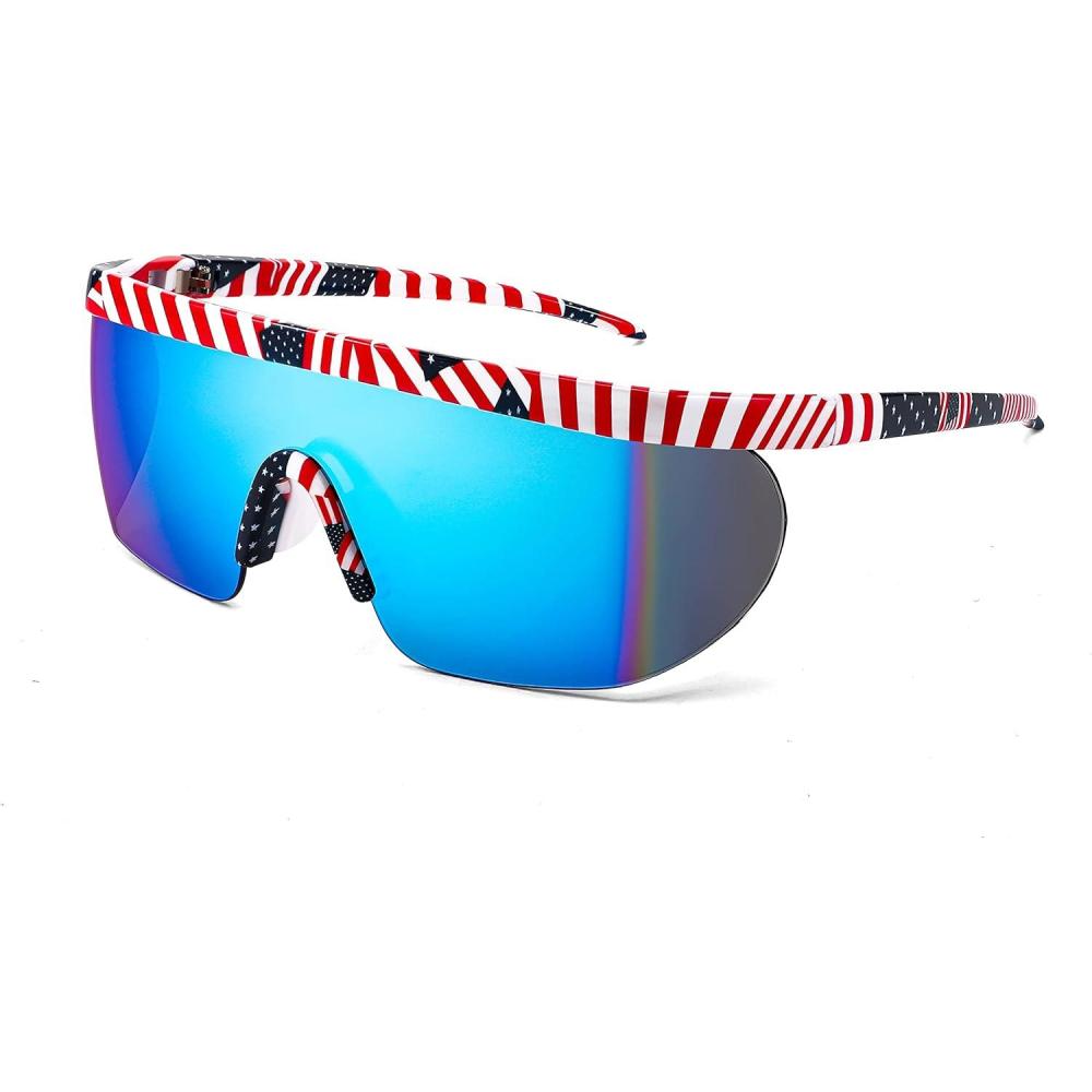 imageFEISEDY Oversized Mirror Shield Sport 80s Sunglasses Ski Goggles Flat Top One Piece Futuristic Visor Women Men B2522007 Us Flag Frame and Blue Lenses