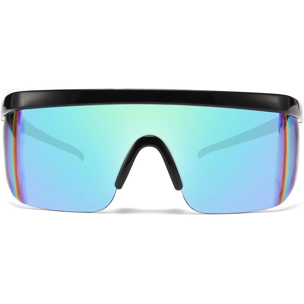 imageFEISEDY Oversized Mirror Shield Sport 80s Sunglasses Ski Goggles Flat Top One Piece Futuristic Visor Women Men B2522Bright Black Frame Green Mirrored Lens