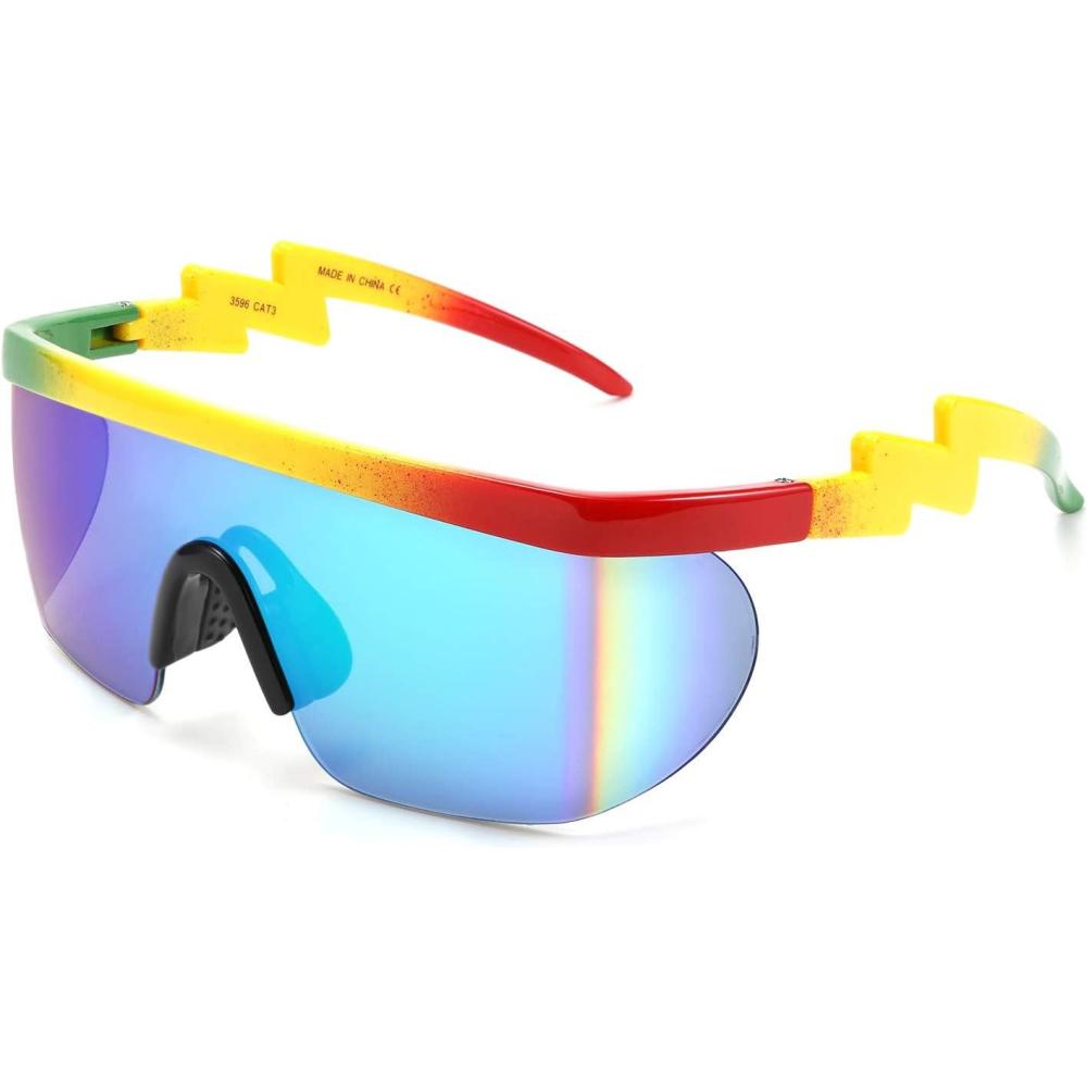 imageFEISEDY Oversized Mirror Shield Sport 80s Sunglasses Ski Goggles Flat Top One Piece Futuristic Visor Women Men B2522C01 Rainbow