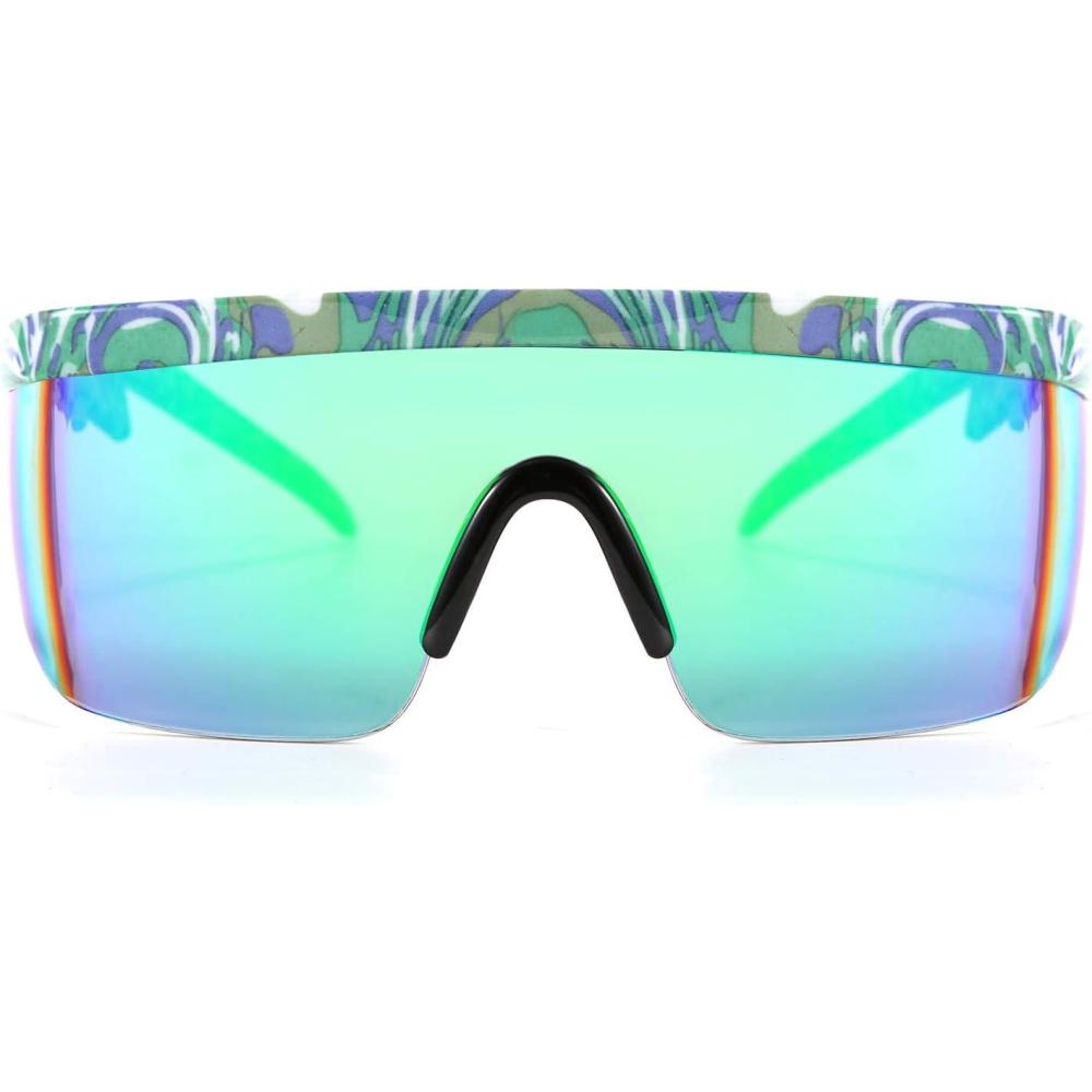 imageFEISEDY Oversized Mirror Shield Sport 80s Sunglasses Ski Goggles Flat Top One Piece Futuristic Visor Women Men B2522C05 Green Marble