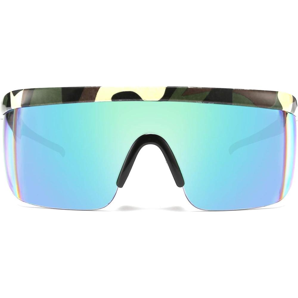 imageFEISEDY Oversized Mirror Shield Sport 80s Sunglasses Ski Goggles Flat Top One Piece Futuristic Visor Women Men B2522Camouflage Frame Green Mirrored Lens