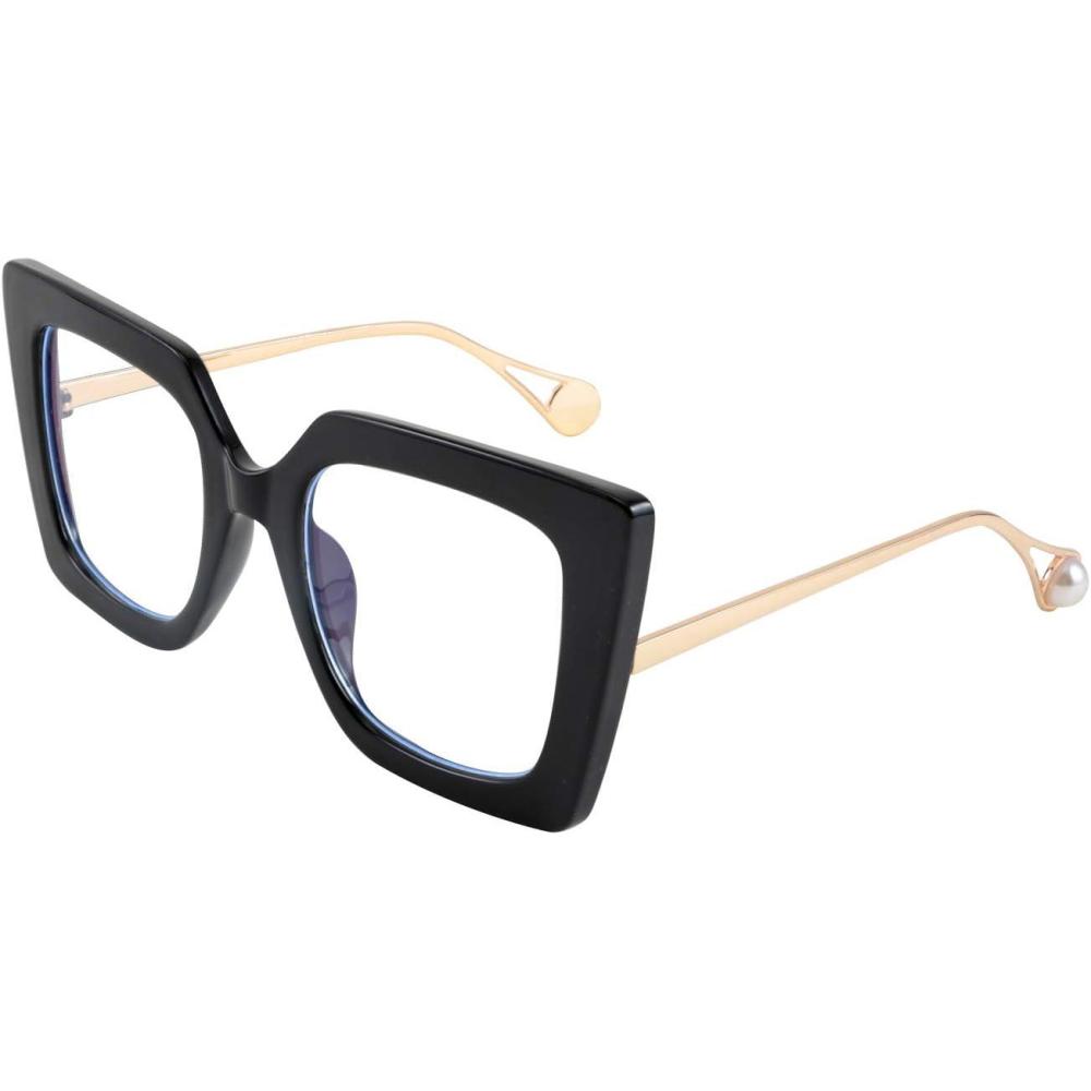 imageFEISEDY Oversized Square Blue Light Blocking Glasses Eye Strain Glare Pearl Inlay Arm Cat Eye Fashion Eyewear B2639Black