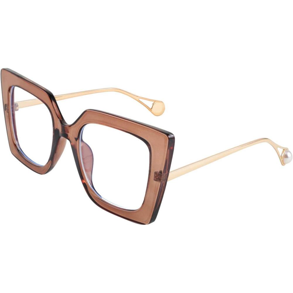 imageFEISEDY Oversized Square Blue Light Blocking Glasses Eye Strain Glare Pearl Inlay Arm Cat Eye Fashion Eyewear B2639Brown