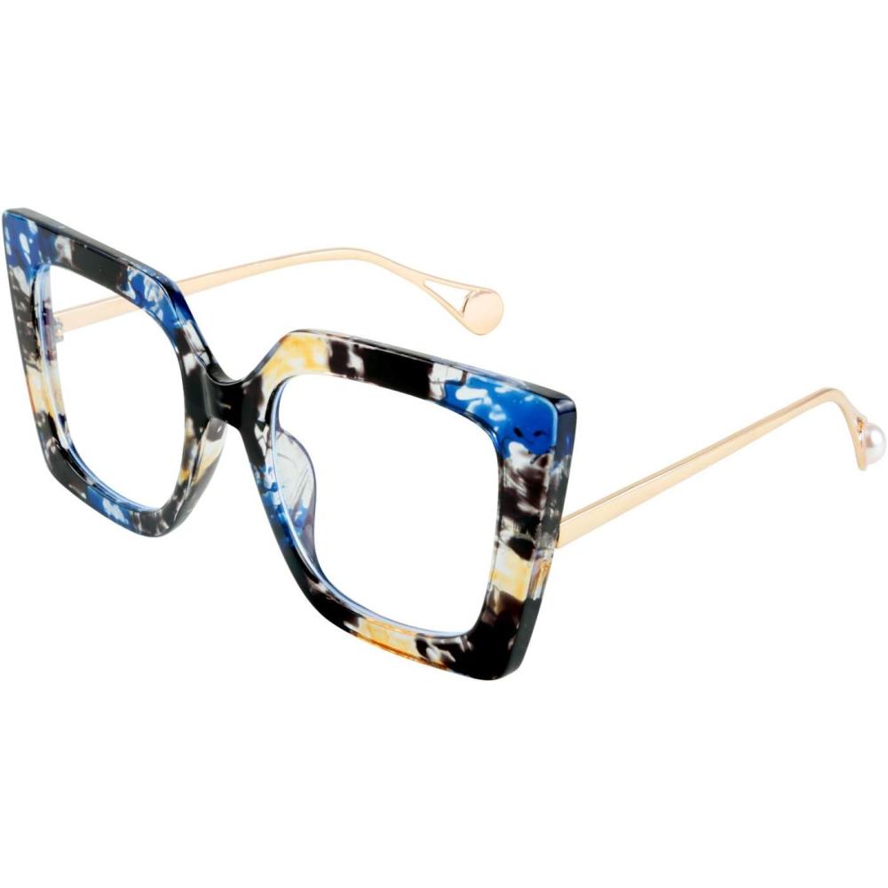 imageFEISEDY Oversized Square Blue Light Blocking Glasses Eye Strain Glare Pearl Inlay Arm Cat Eye Fashion Eyewear B2639Marble Pattern
