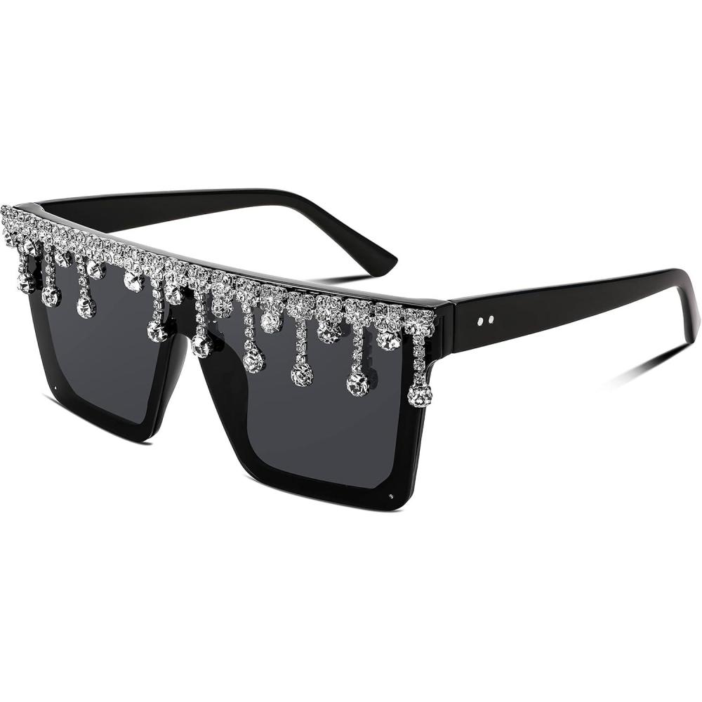 imageFEISEDY Oversized Square Trendy Sunglasses Womens Crystal Tassels Sparkling Shades Flat Top Visor B2976Black Frame White Crystal