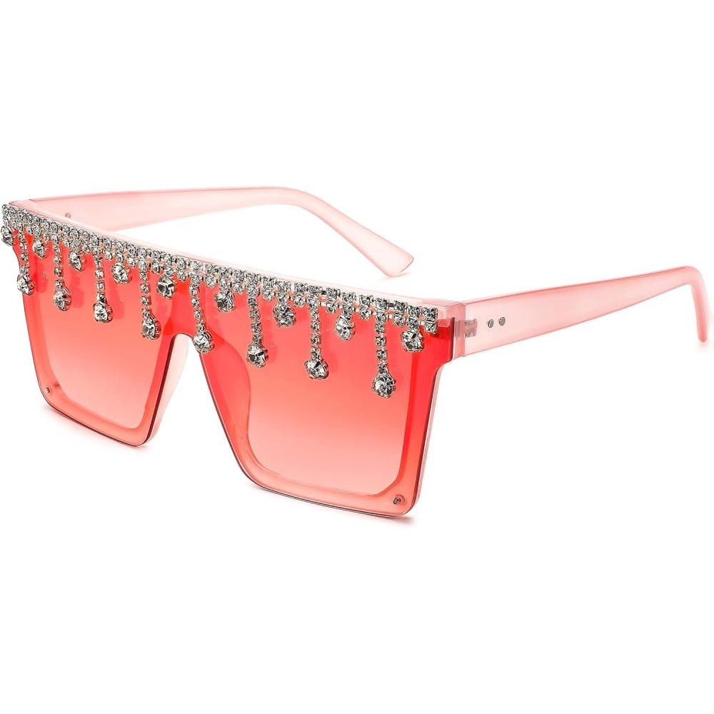 imageFEISEDY Oversized Square Trendy Sunglasses Womens Crystal Tassels Sparkling Shades Flat Top Visor B2976Gradient Pink White Crystal