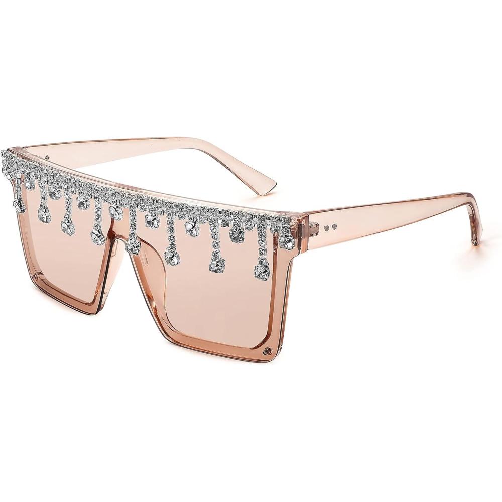 imageFEISEDY Oversized Square Trendy Sunglasses Womens Crystal Tassels Sparkling Shades Flat Top Visor B2976Light Tinted Champagne White Crystal