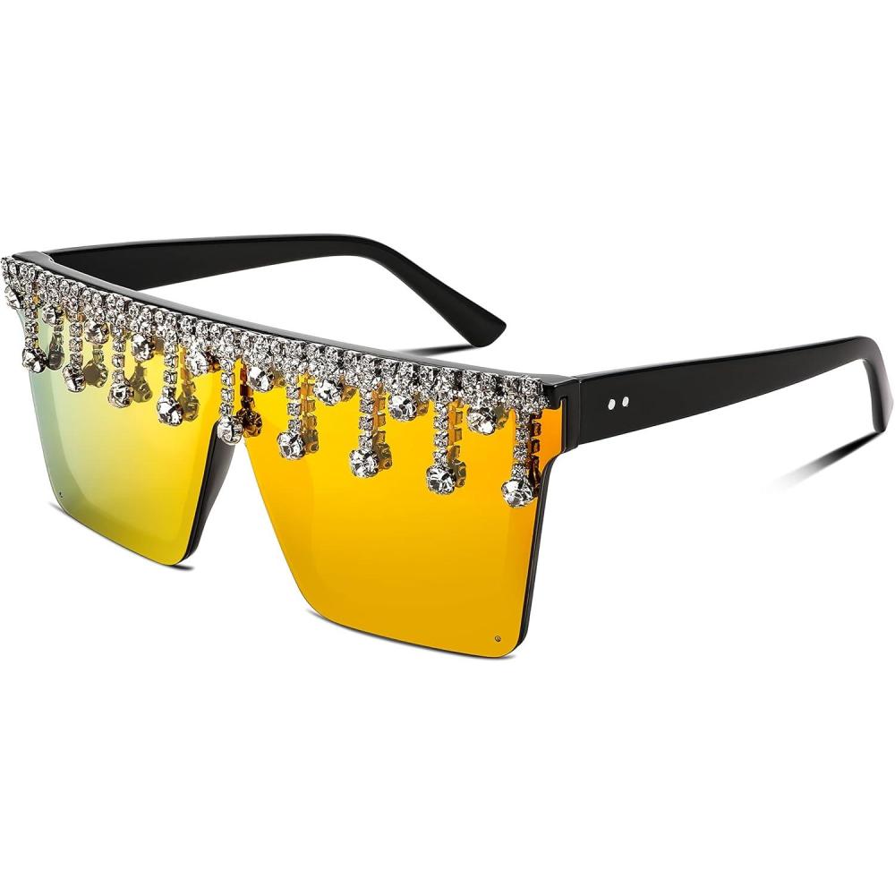 imageFEISEDY Oversized Square Trendy Sunglasses Womens Crystal Tassels Sparkling Shades Flat Top Visor B2976Red Mirrored White Crystal