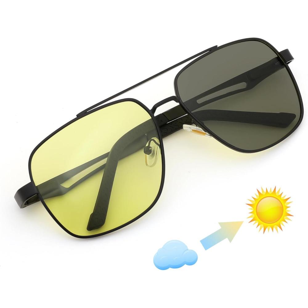 imageFEISEDY Polarized Aviator Photochromic Sunglasses Men Women for Day and Night Driving Metal Frame B0172Blackyellow