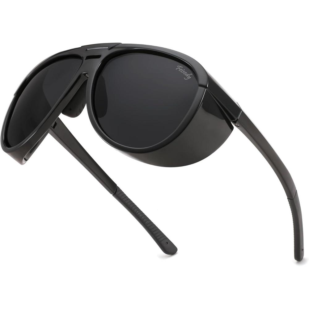 imageFEISEDY Polarized Aviator Sunglasses Men Women Oversized Round Steampunk Sunglasses Side Shield Goggles B0095Black Frame Grey Lens