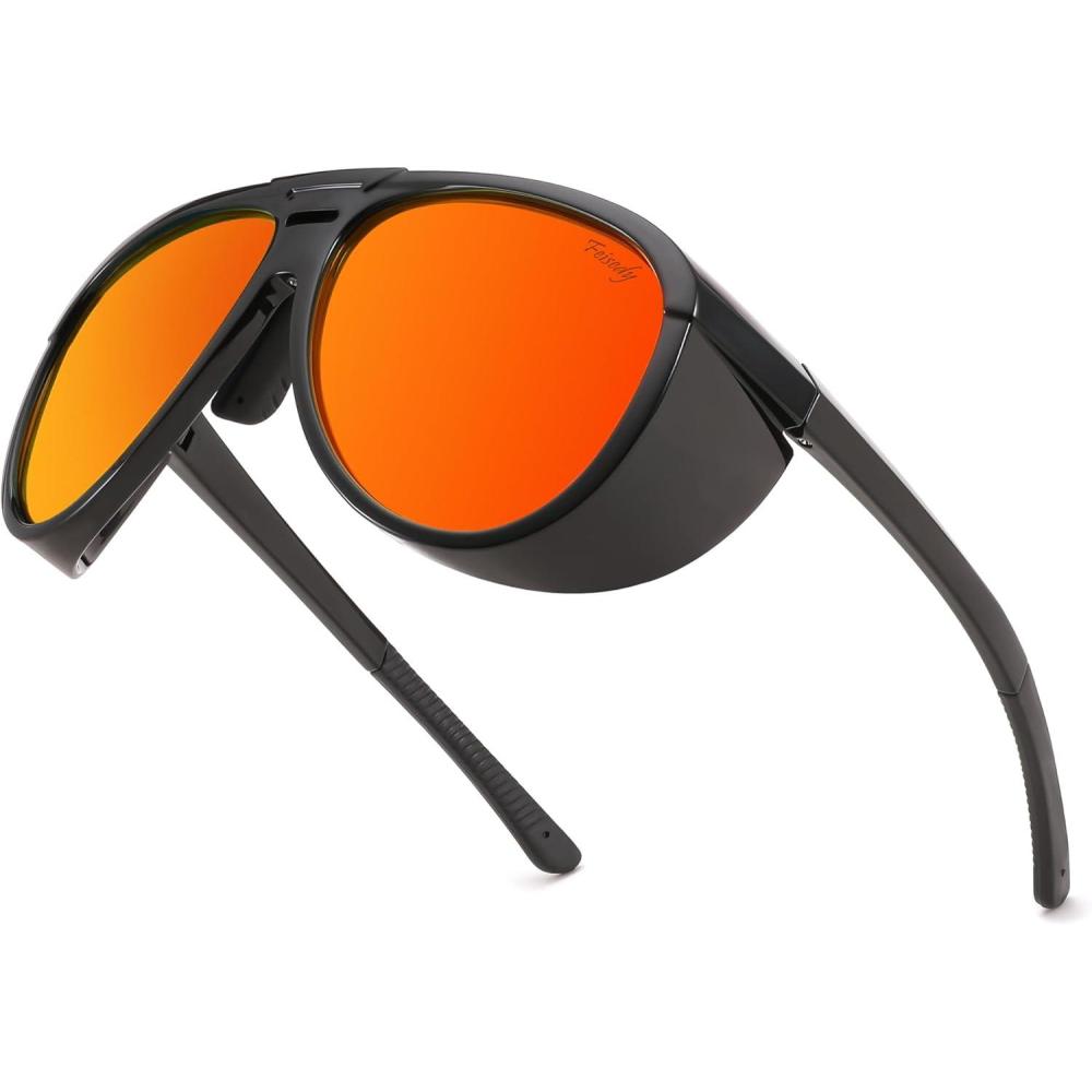 imageFEISEDY Polarized Aviator Sunglasses Men Women Oversized Round Steampunk Sunglasses Side Shield Goggles B0095Black Frame Red Mirror Lens