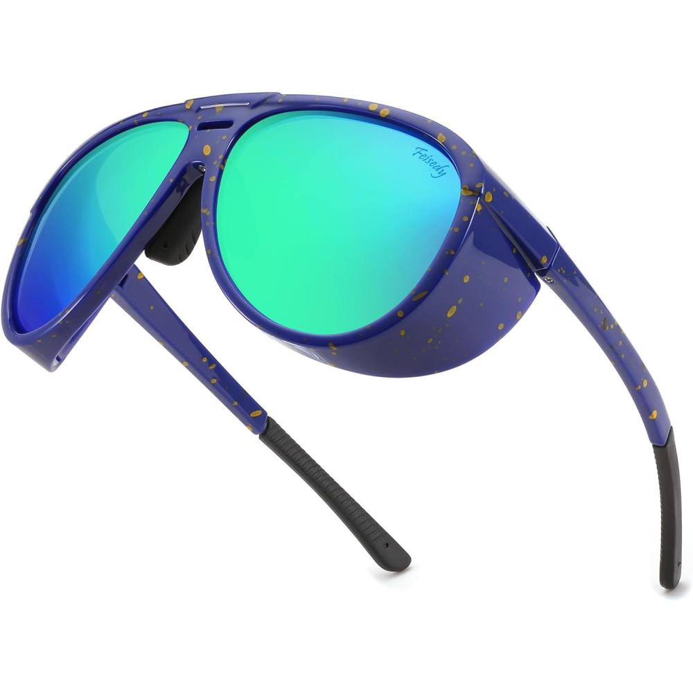 imageFEISEDY Polarized Aviator Sunglasses Men Women Oversized Round Steampunk Sunglasses Side Shield Goggles B0095Blue Frame Green Mirror Lens