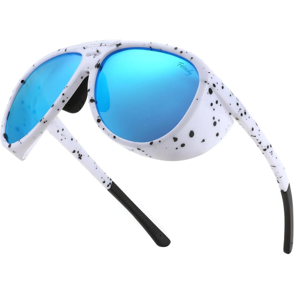 imageFEISEDY Polarized Aviator Sunglasses Men Women Oversized Round Steampunk Sunglasses Side Shield Goggles B0095White Frame Blue Mirror Lens