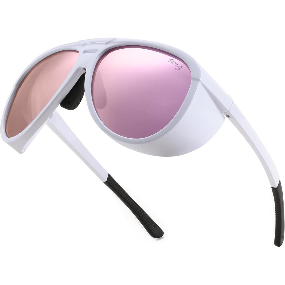 imageFEISEDY Polarized Aviator Sunglasses Men Women Oversized Round Steampunk Sunglasses Side Shield Goggles B0095White Frame Pink Mirror Lens