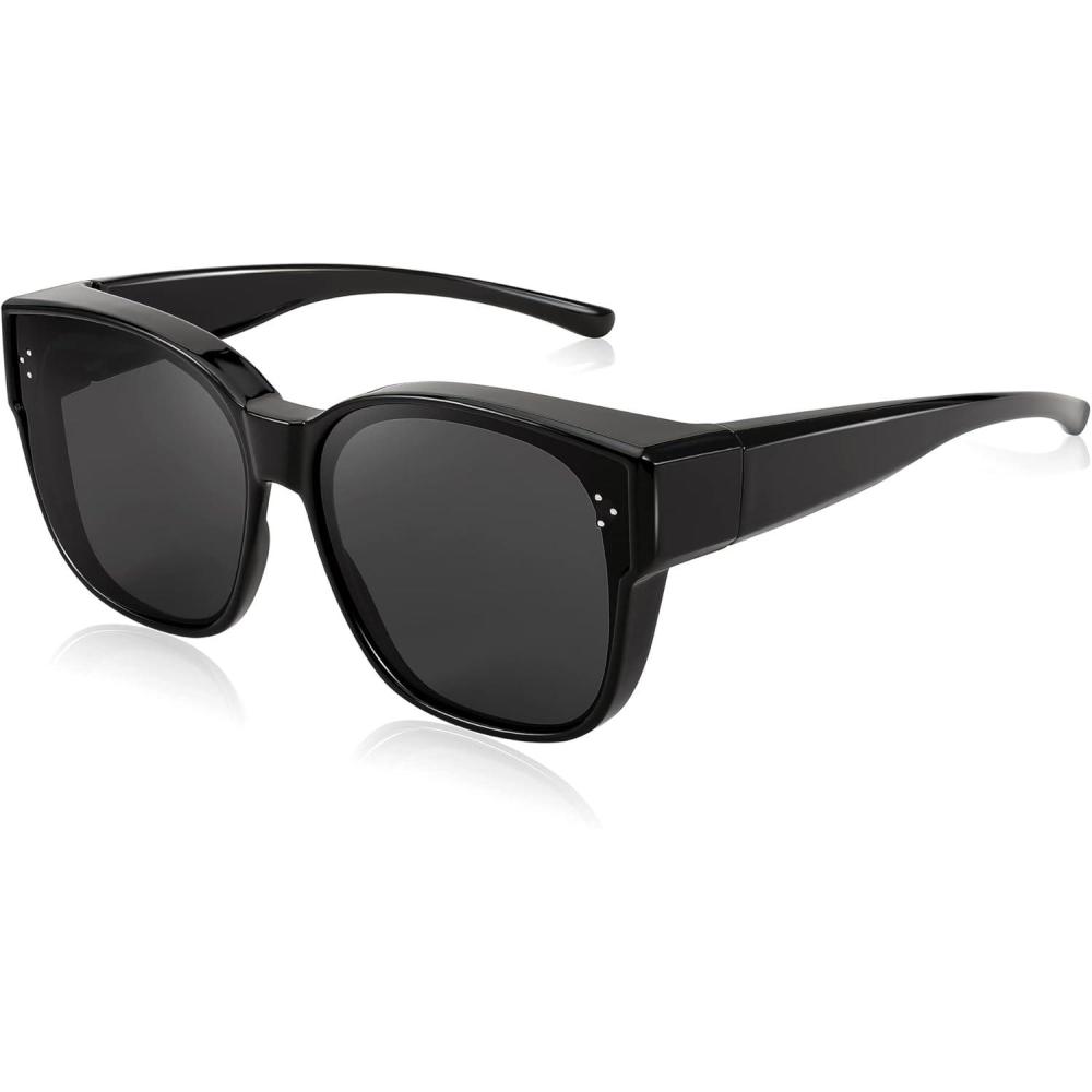 imageFEISEDY Polarized Fit Over Sunglasses Women Men XXL Oversized Square Cat Eye Trendy Wear Over Glasses B2849Black Frame Grey Lens