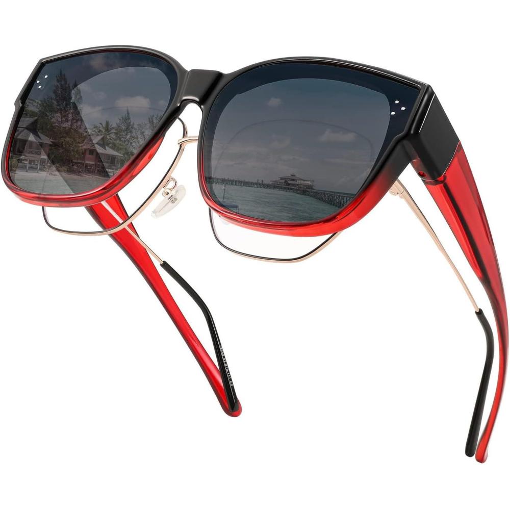 imageFEISEDY Polarized Fit Over Sunglasses Women Men XXL Oversized Square Cat Eye Trendy Wear Over Glasses B2849Wine Frame  Grey Lens